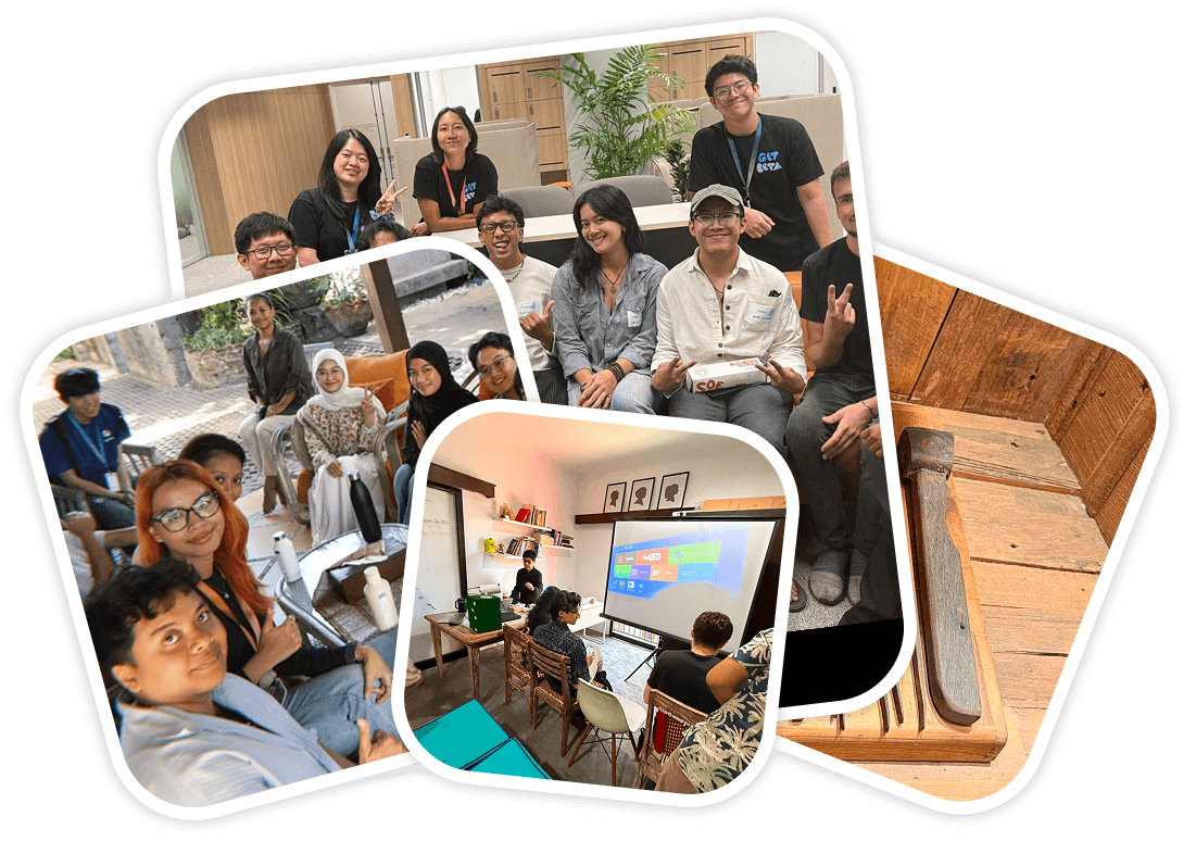 Collage of photos from community visits across Bali: team interviews, a workshop session, and a craft studio.